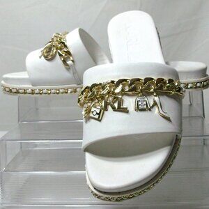 Karl Lagerfeld Paris Basia Charm Slide Sandal White and Gold Size 6.5